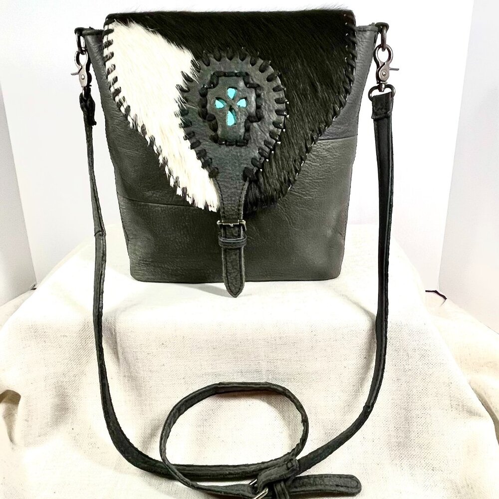 Black Western Genuine Leather Fur Crossbody Bag with Turquoise Medallion